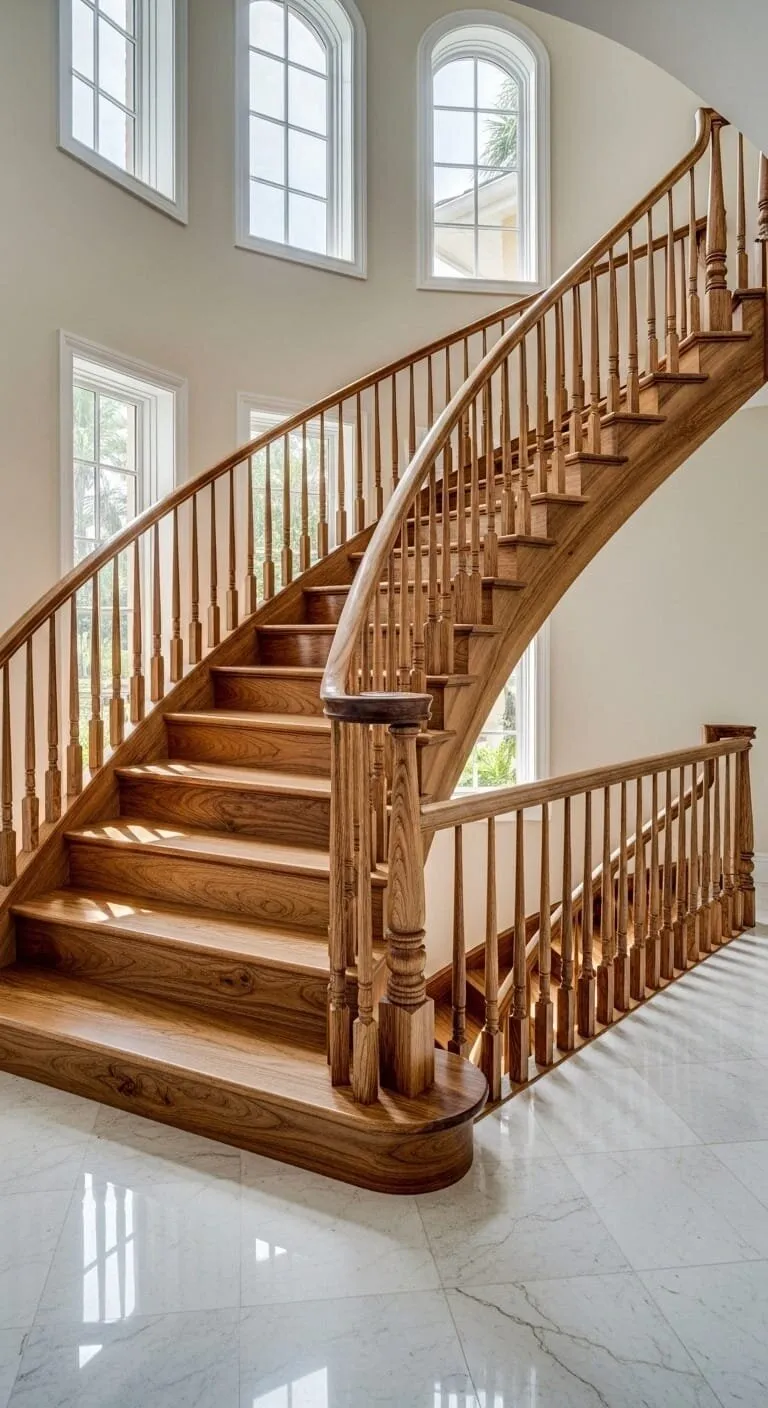 Curved custom staircase with hand-turned balusters