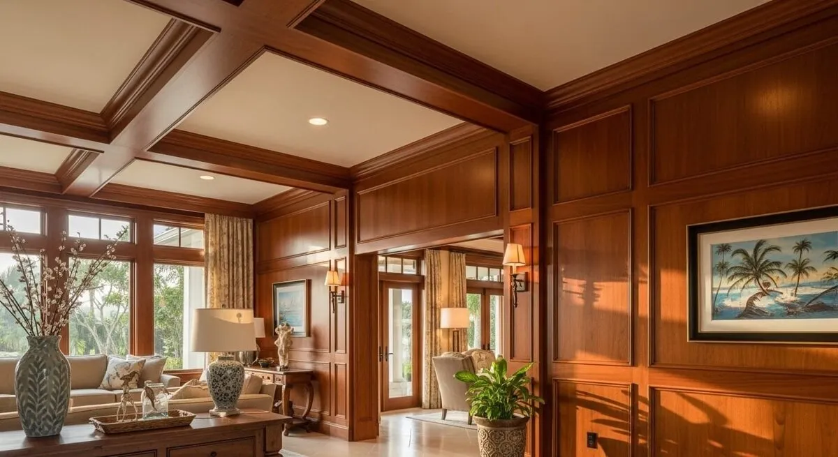 Mahogany paneled great room with coffered ceiling