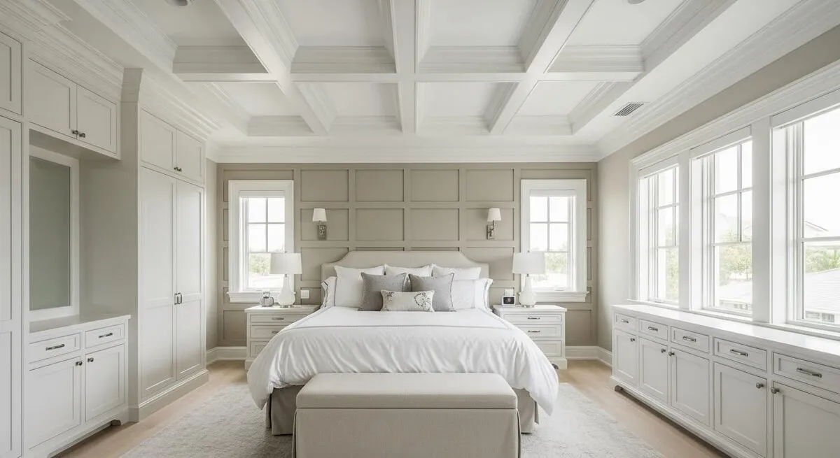 Coffered ceiling and built-in cabinetry in a master suite