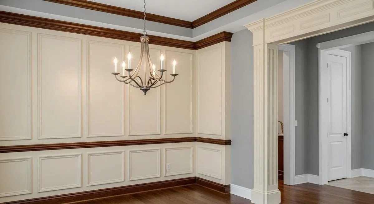 Two-tone wainscoting with stained cap rails
