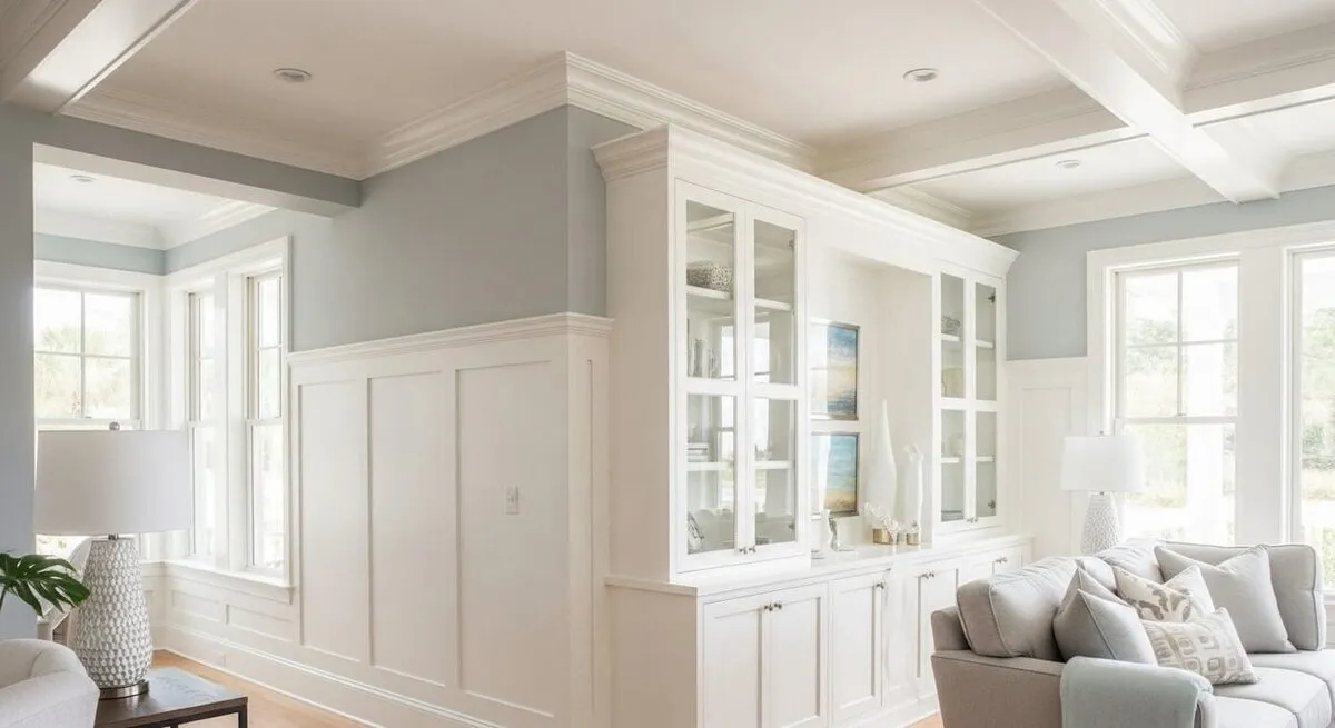 White built-in cabinetry and wainscoting