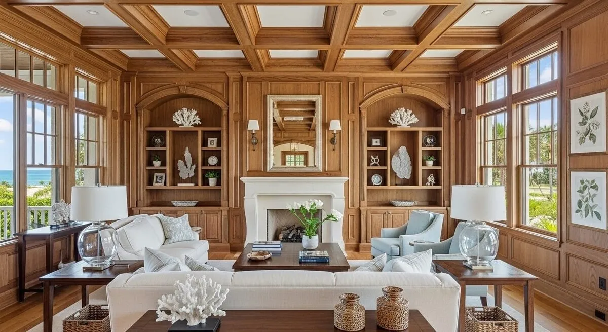 Oak paneled library overlooking the Gulf