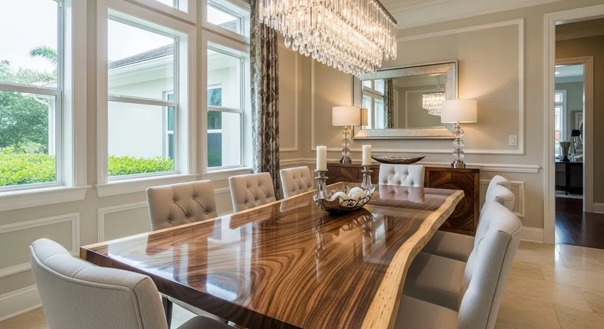 Live-edge walnut dining table in an upscale space