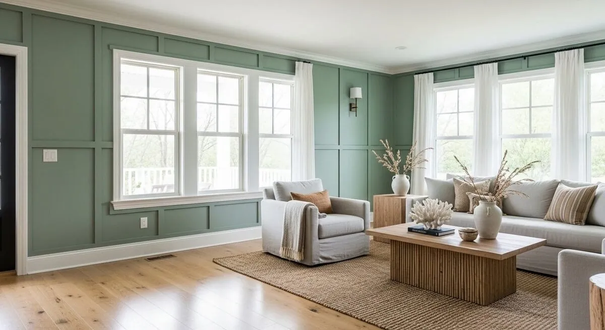Sage paneled living room
