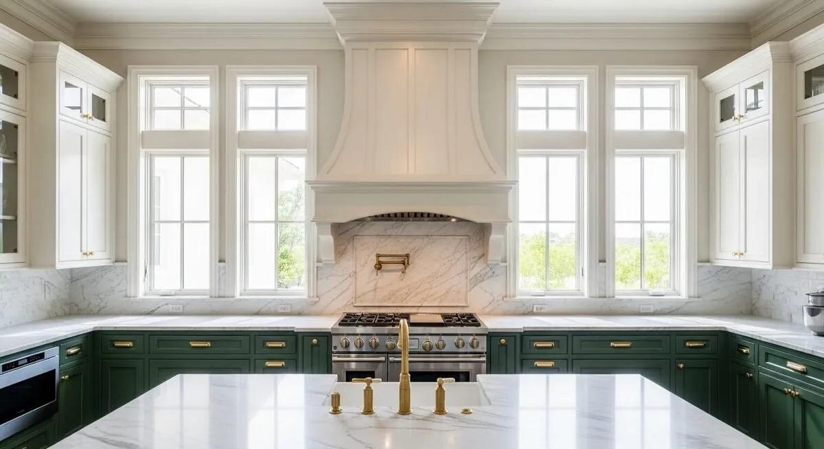 Painted custom kitchen cabinetry with brass hardware