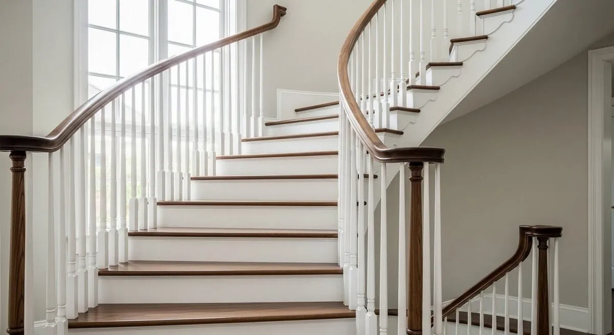 Curved staircase with walnut handrail