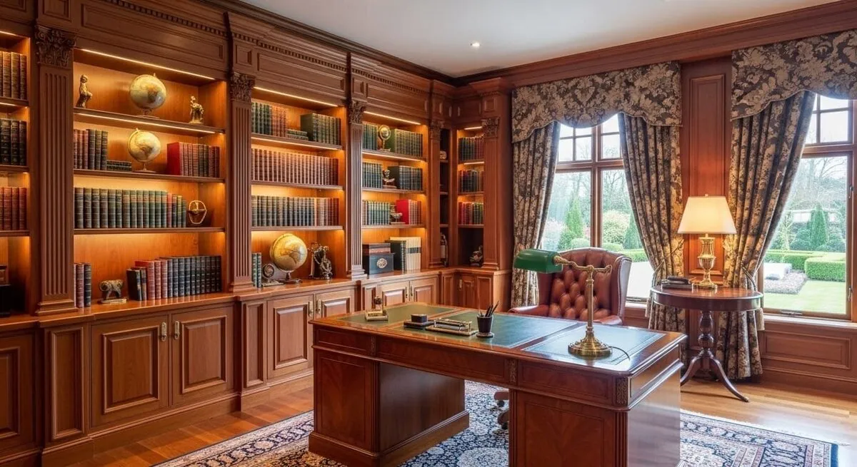 Wood-paneled executive office with built-in library