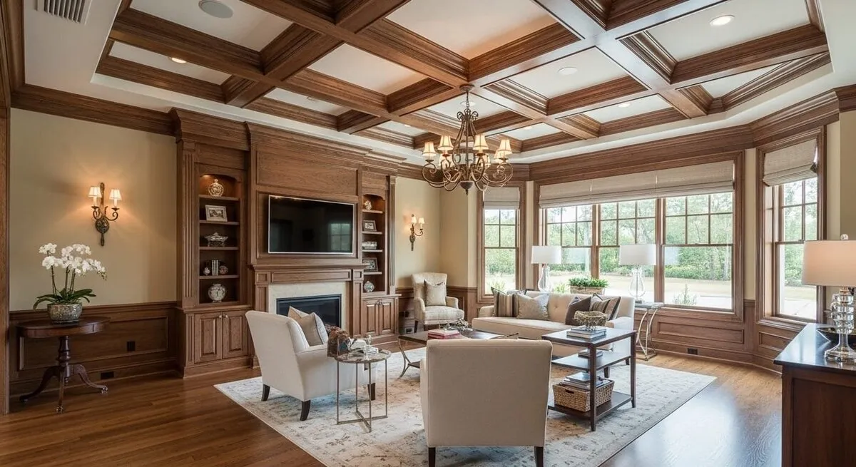 Coffered great room with built-in cabinetry
