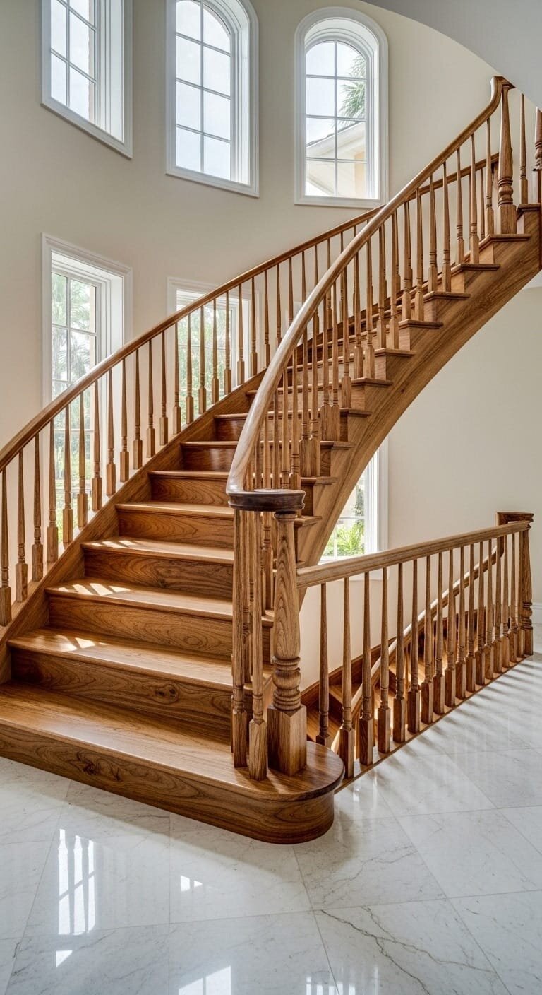 Curved custom staircase with hand-turned balusters