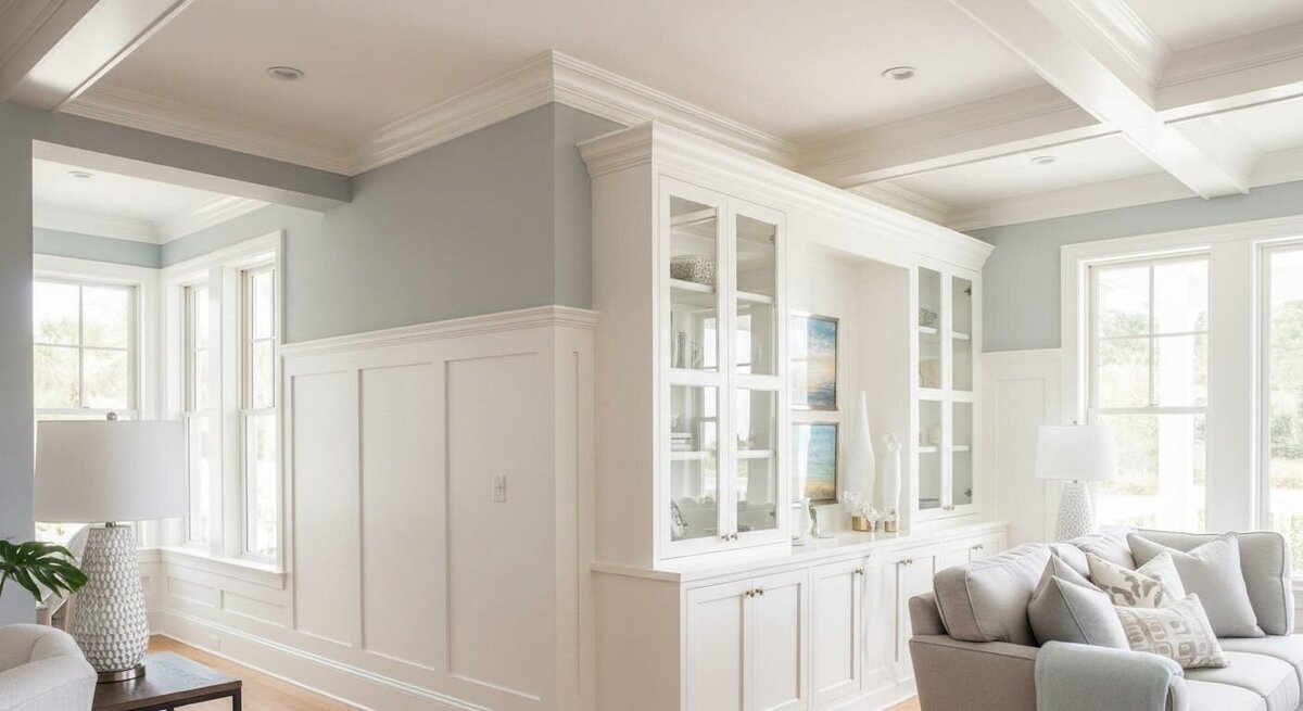 White built-in cabinetry and wainscoting