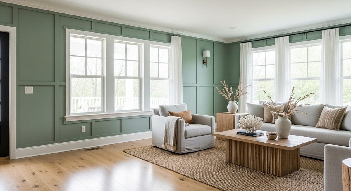 Sage paneled living room