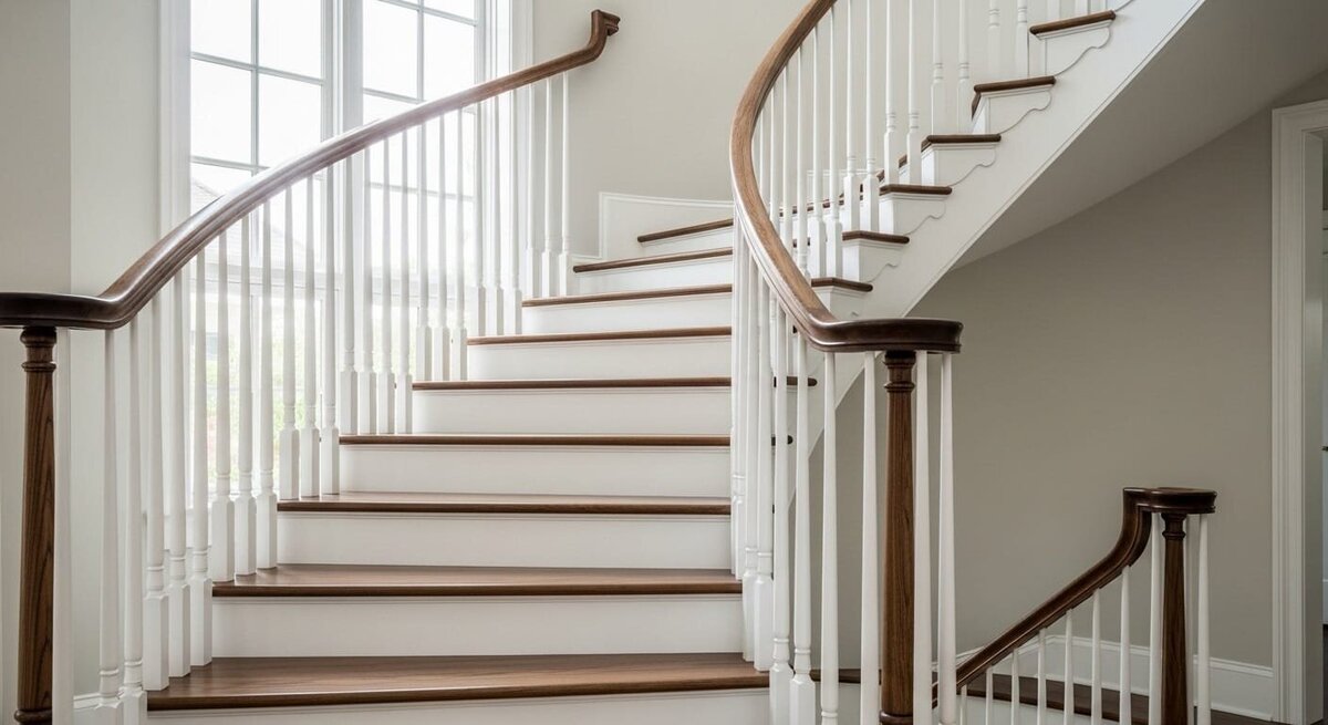 Curved staircase with walnut handrail