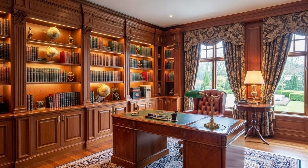 Wood-paneled executive office with built-in library